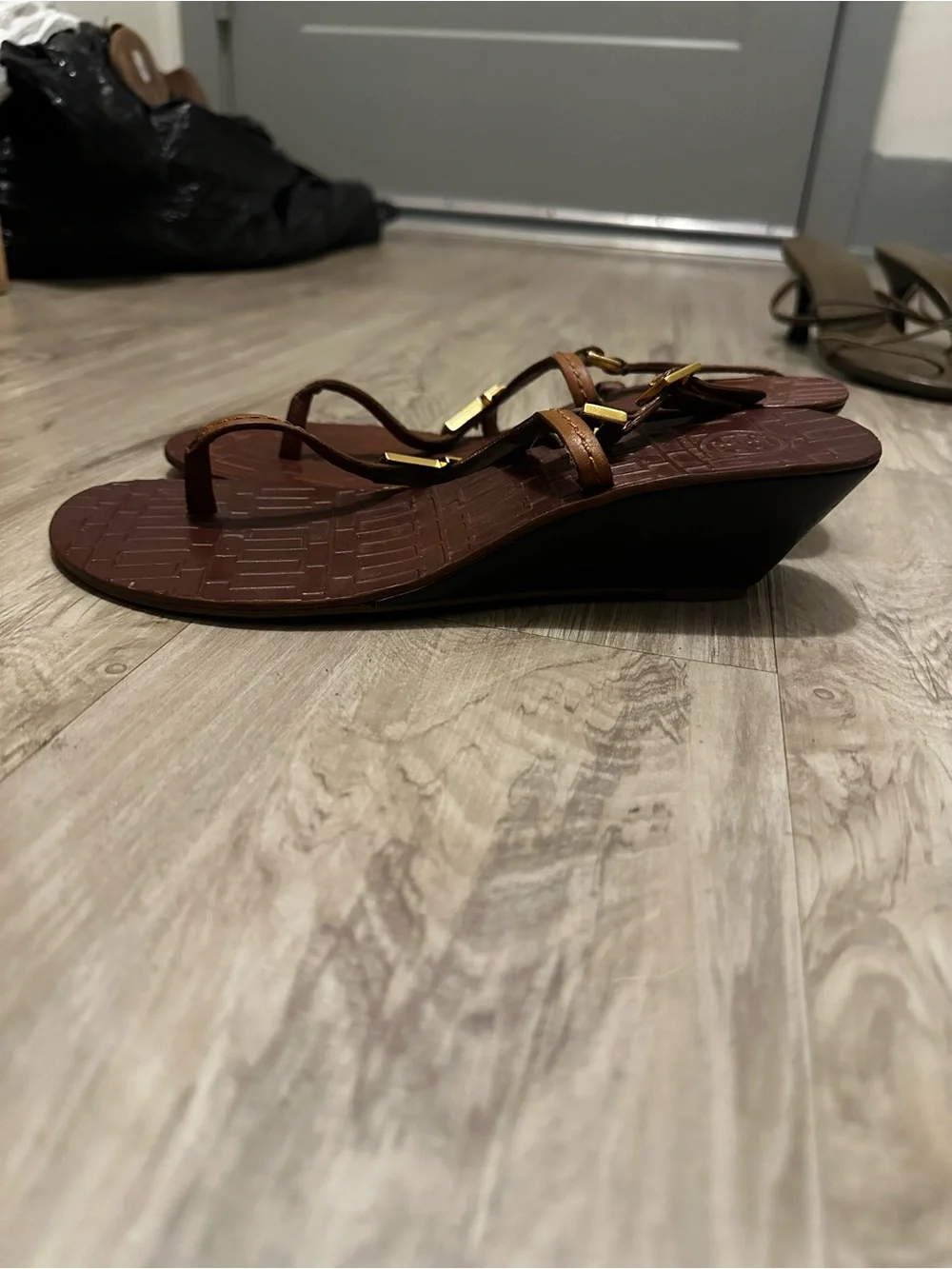 Tory Burch Tan Leather T-Strap Wedge Sandals with Gold Hardware